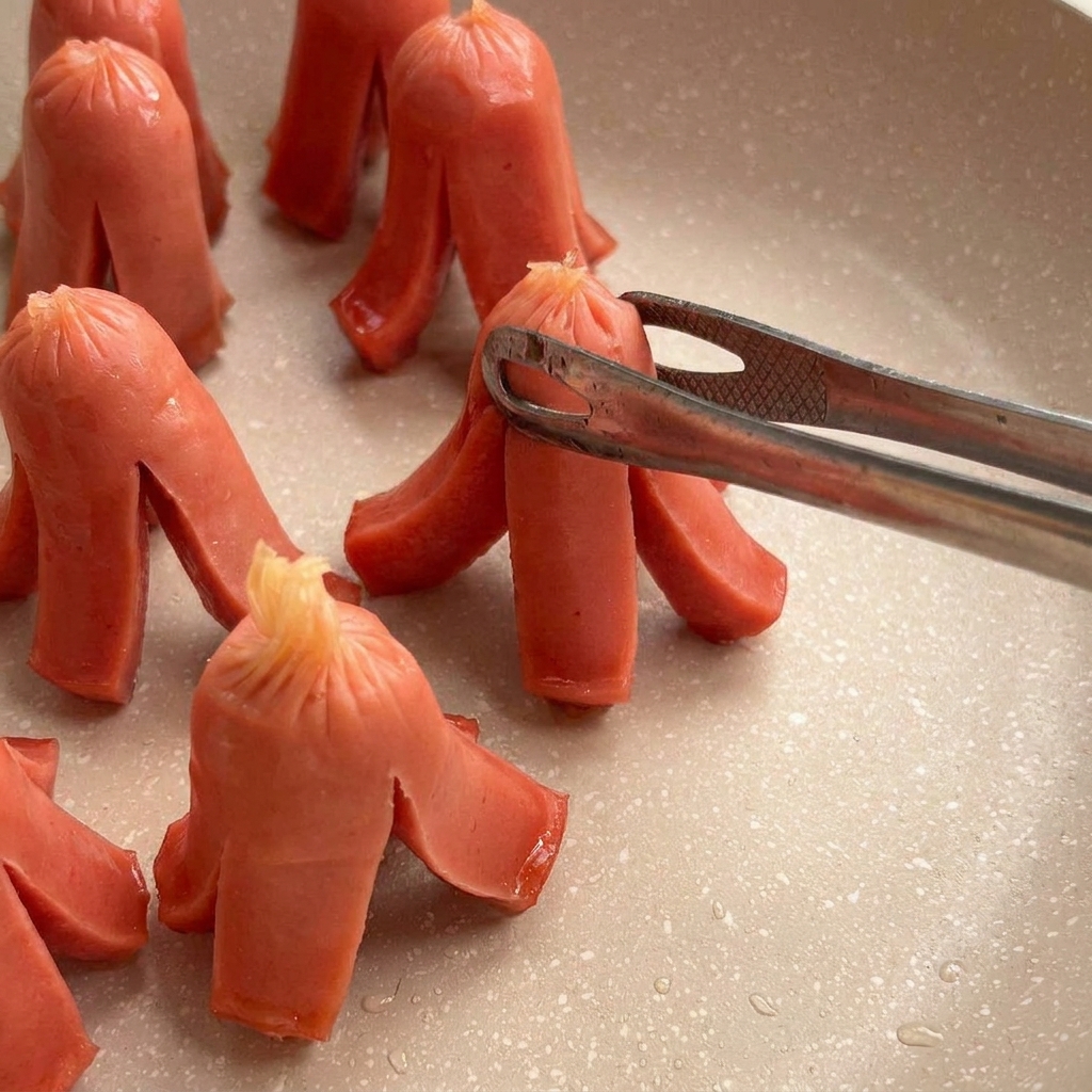 Pequeñas salchichas rojas con los extremos cortados friéndose en una sartén, curvándose con forma de pulpo.