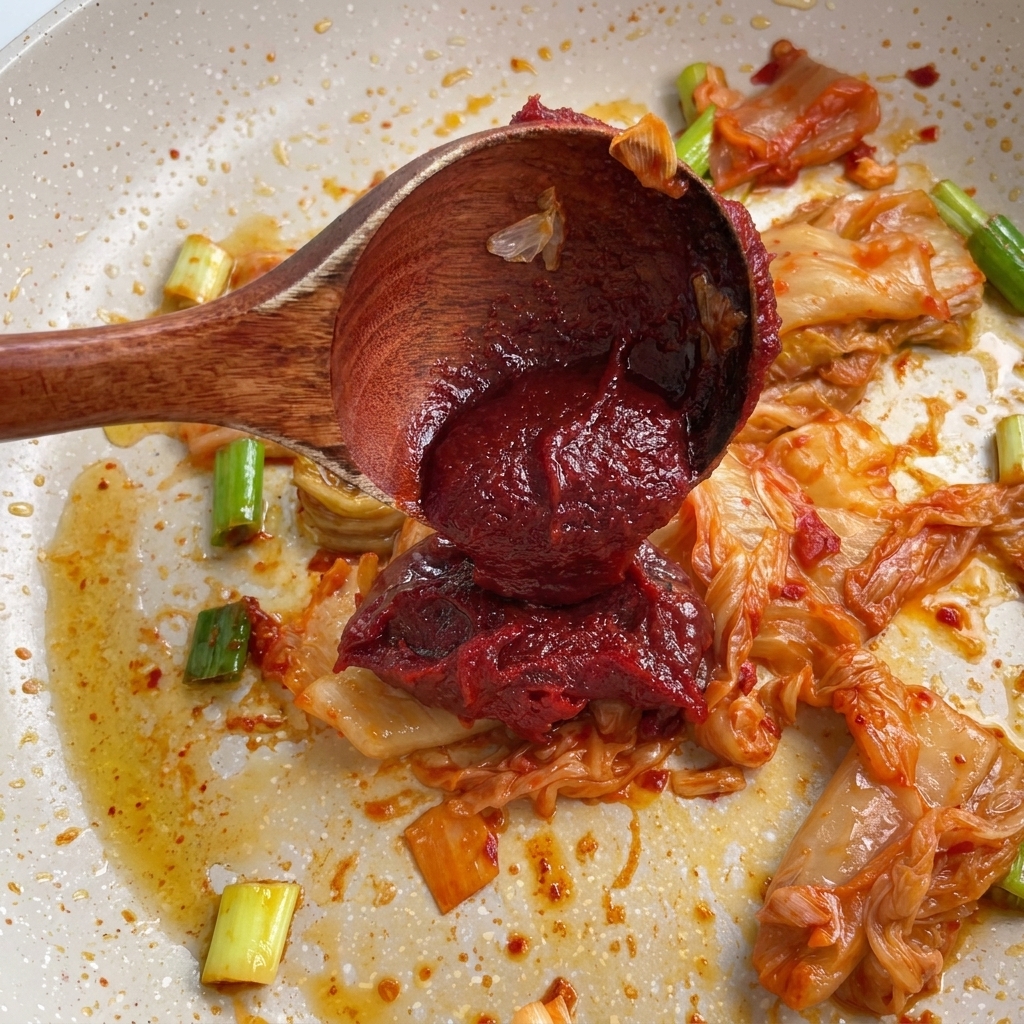 Una cuchara de madera colocando una porción de gochujang rojo espeso sobre el kimchi salteado en la sartén.