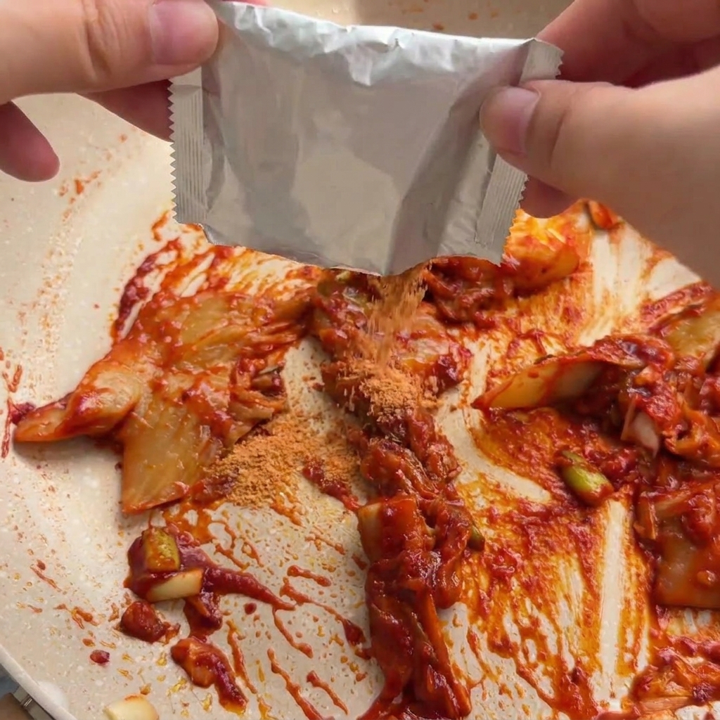 Polvo sazonador de ramen cayendo desde un sobre plateado sobre la mezcla de kimchi en la sartén.