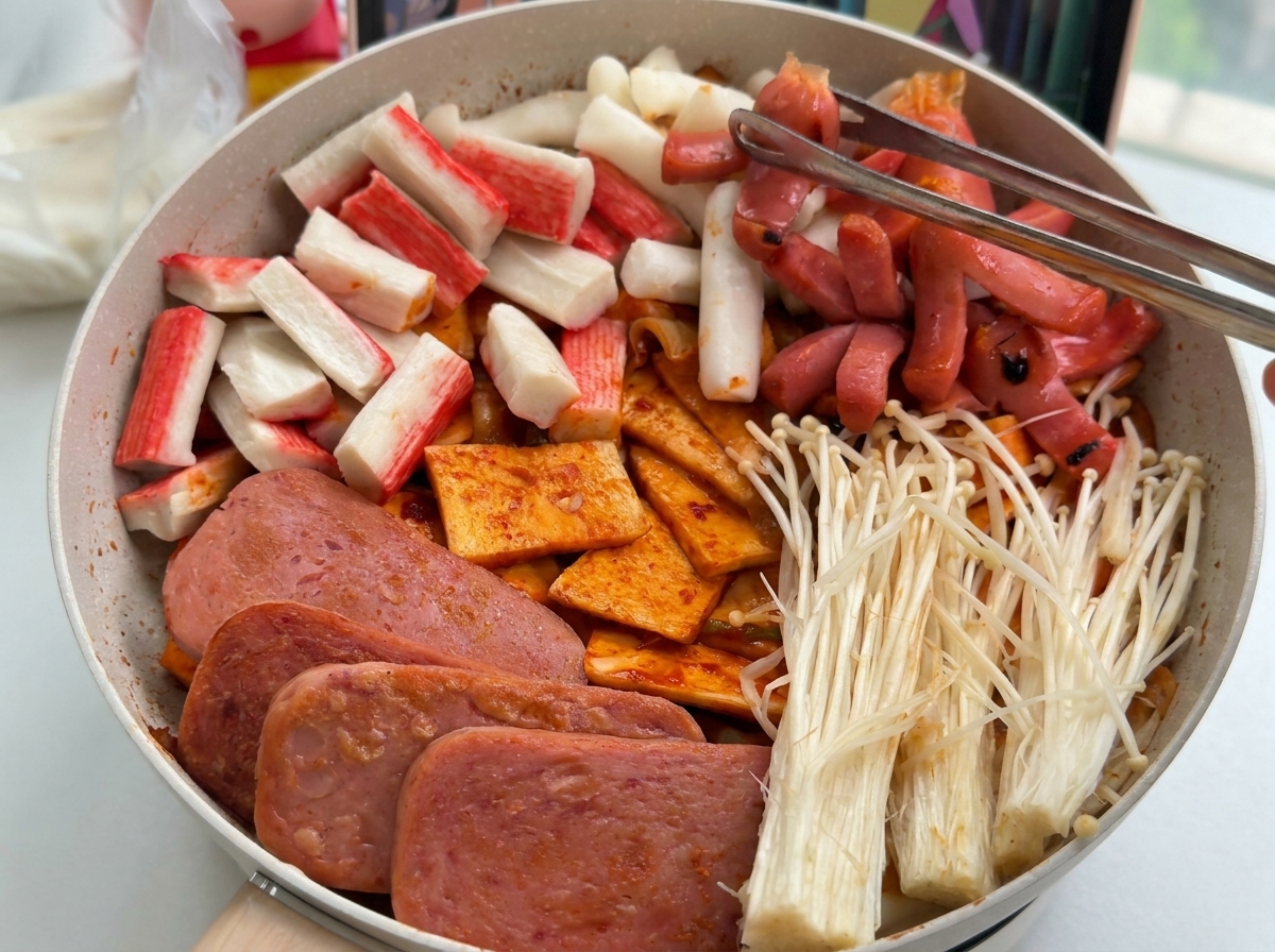Varios ingredientes del estofado como el spam y las setas enoki organizados por secciones en una olla.