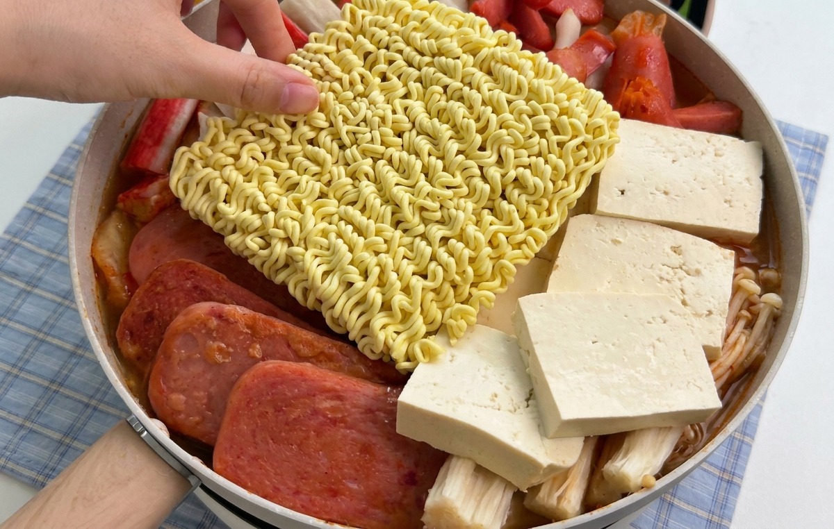 Una mano colocando un bloque de fideos ramen secos sobre el surtido de carnes y tofu en la olla.