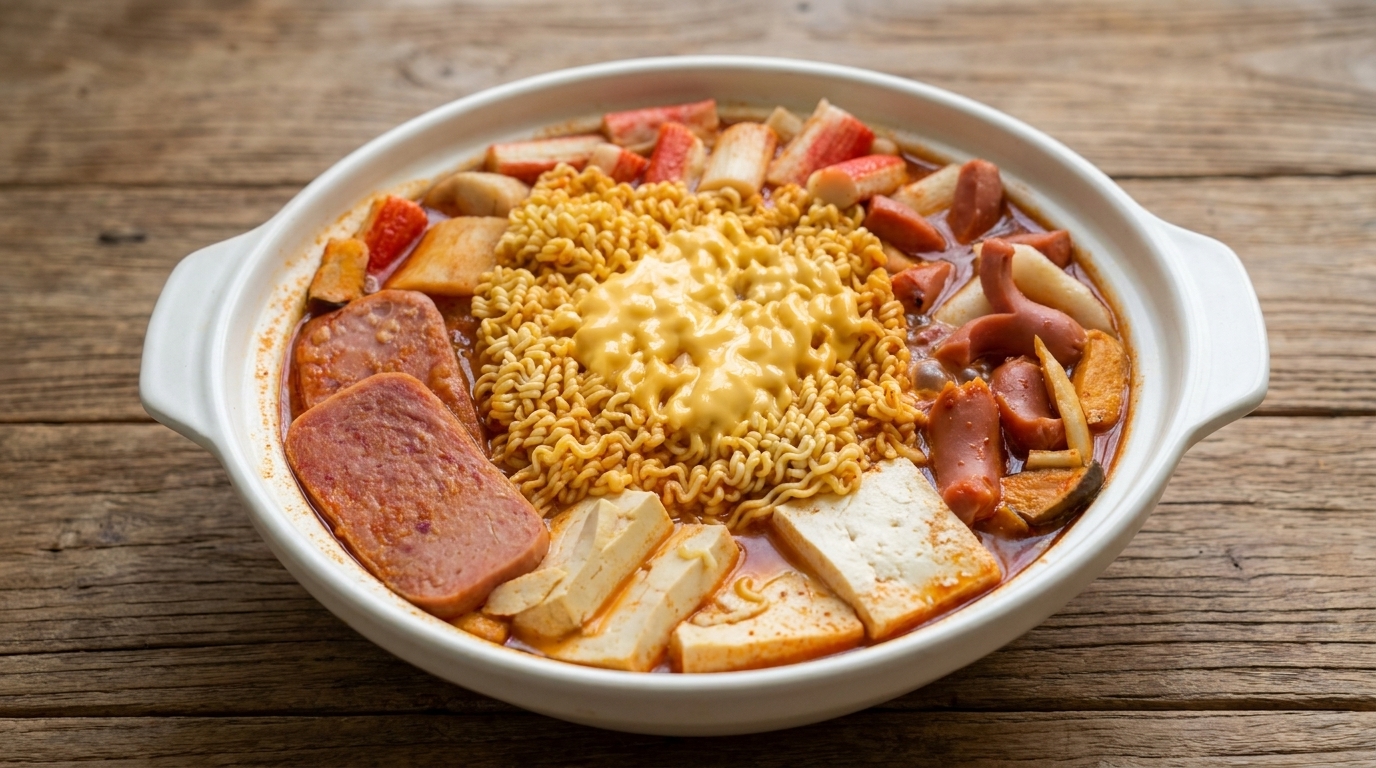 Una olla burbujeante de Budae Jjigae con fideos ramen, queso fundido, tofu sedoso y carnes sabrosas