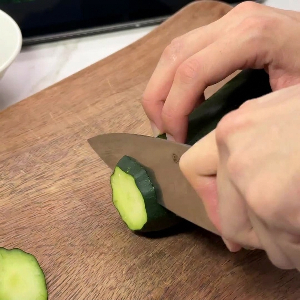 Manos cortando un pepino fresco en rodajas finas y circulares sobre una tabla de madera.