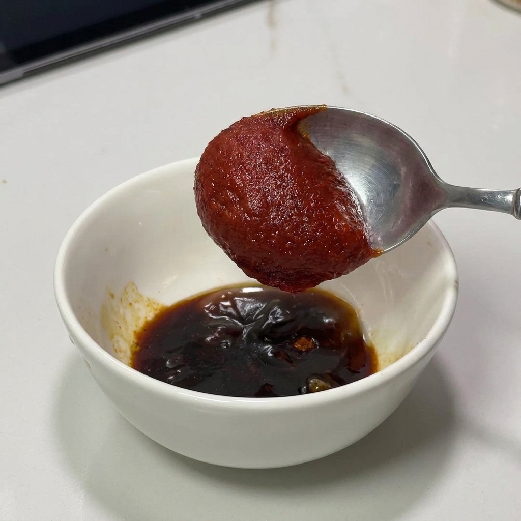 Una cuchara con una porción generosa de pasta gochujang sobre un bol con otros condimentos.