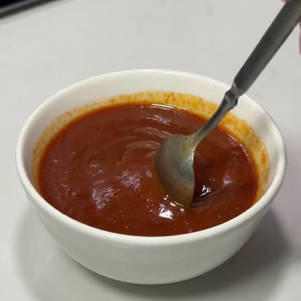 Una mano mezclando una salsa roja espesa y vibrante en un bol blanco hasta que queda homogénea.