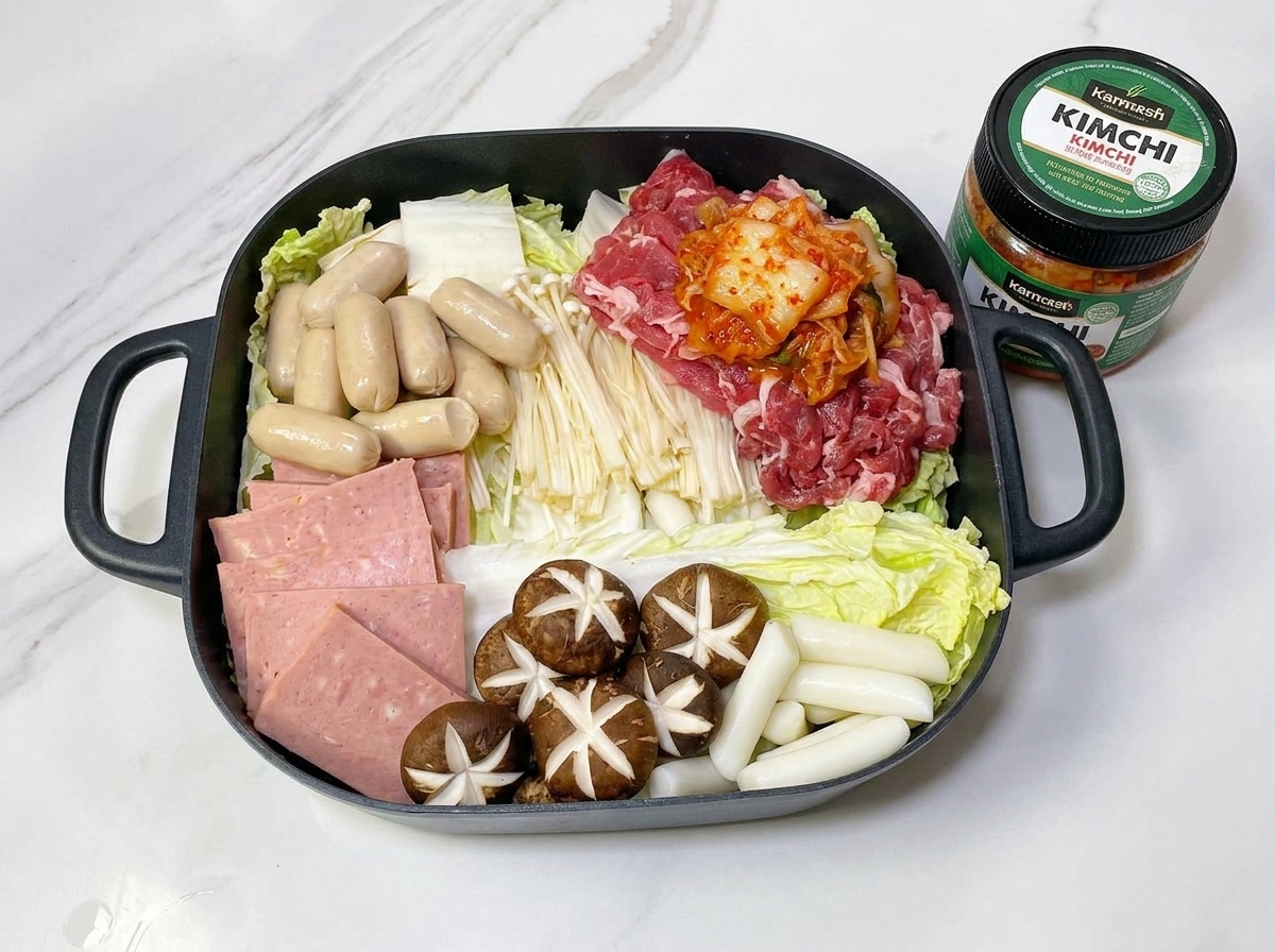 Una olla de cocina completamente montada con capas de ternera, salchichas, kimchi, pasteles de arroz y verduras.