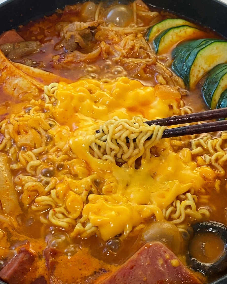 Primer plano de fideos instantáneos humeantes con una capa de queso amarillo fundido en un estofado rojo.