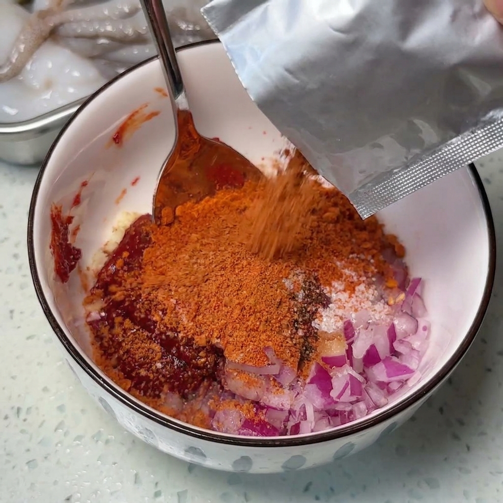 Polvo de condimento naranja vertiéndose desde un sobre plateado en un cuenco con pasta roja de chile.