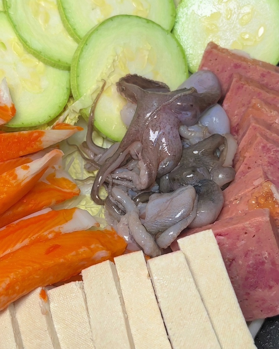 Vista de cerca de una olla con calabacín, spam, tofu, palitos de cangrejo y pulpo crudo bien dispuestos.