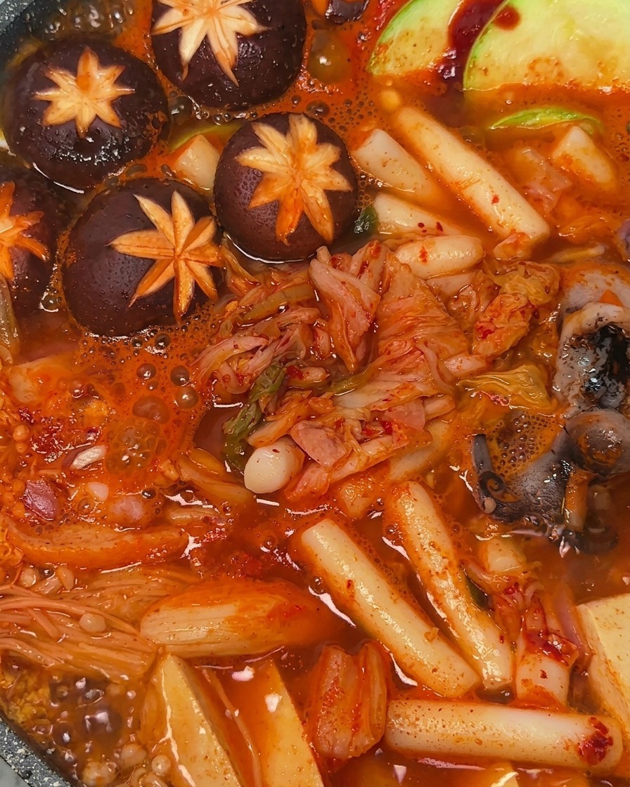 Kimchi fermentado en el centro de una olla hirviendo con caldo rojo, setas y pasteles de arroz.