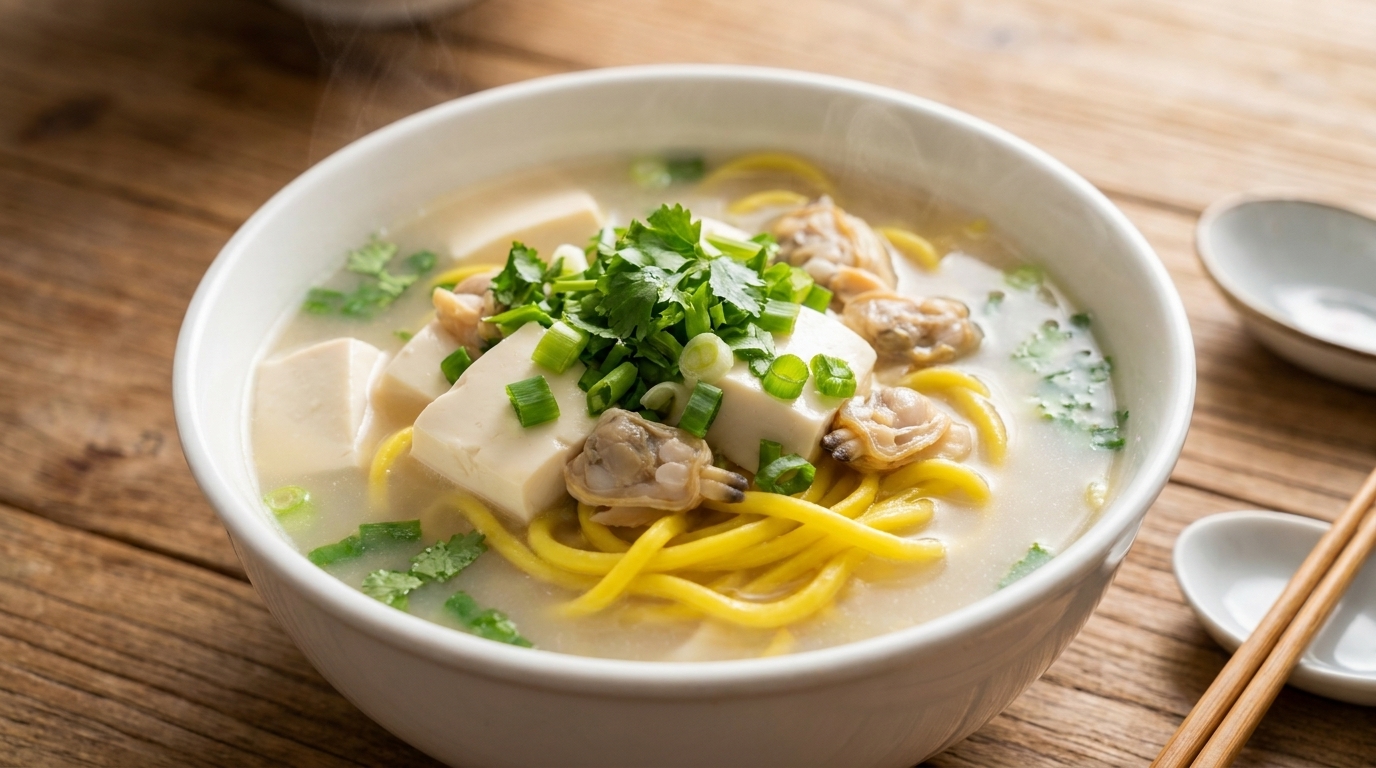 Un tazón de sopa de almejas de Dandong con fideos amarillos Cha-zi, cubos de tofu sedoso y almejas carnosas en un caldo blanquecino.