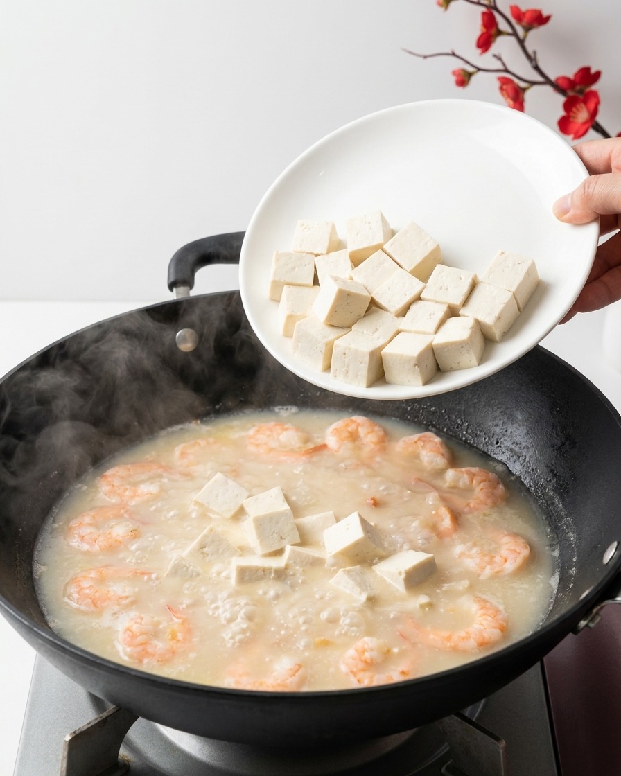Dados de tofu blanco fresco cayendo desde un plato blanco a un caldo de mariscos burbujeante y lechoso.