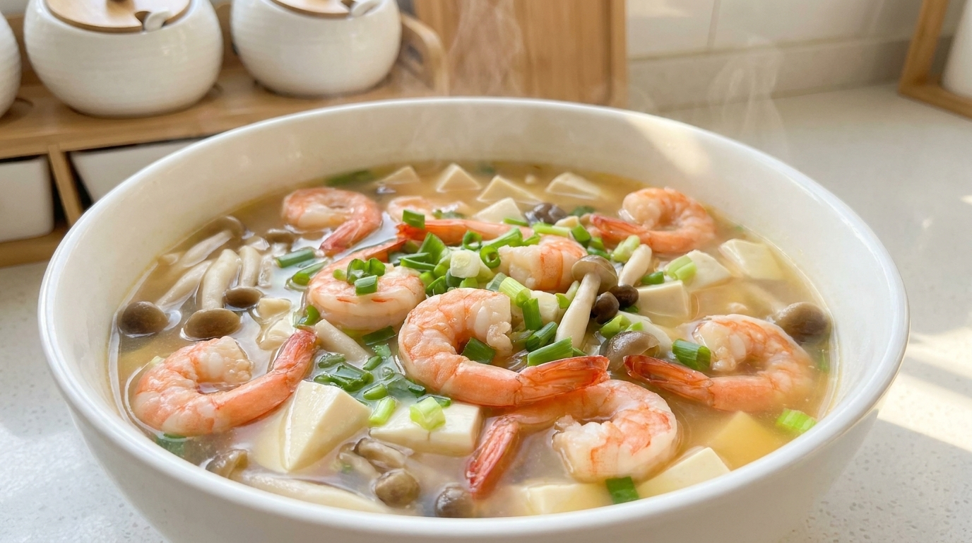 Sopa de mariscos y tofu con gambas y setas shimeji