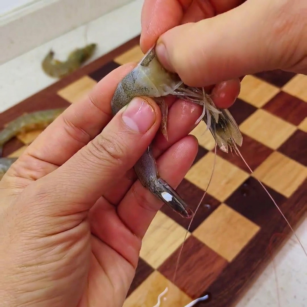Primer plano de manos quitando la cabeza y la vena digestiva de un langostino crudo.
