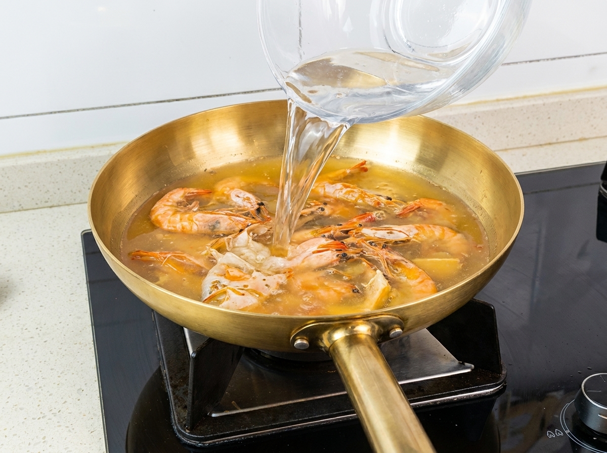 Vertiendo agua en una sartén con cáscaras de langostino fritas para crear un caldo amarillo.