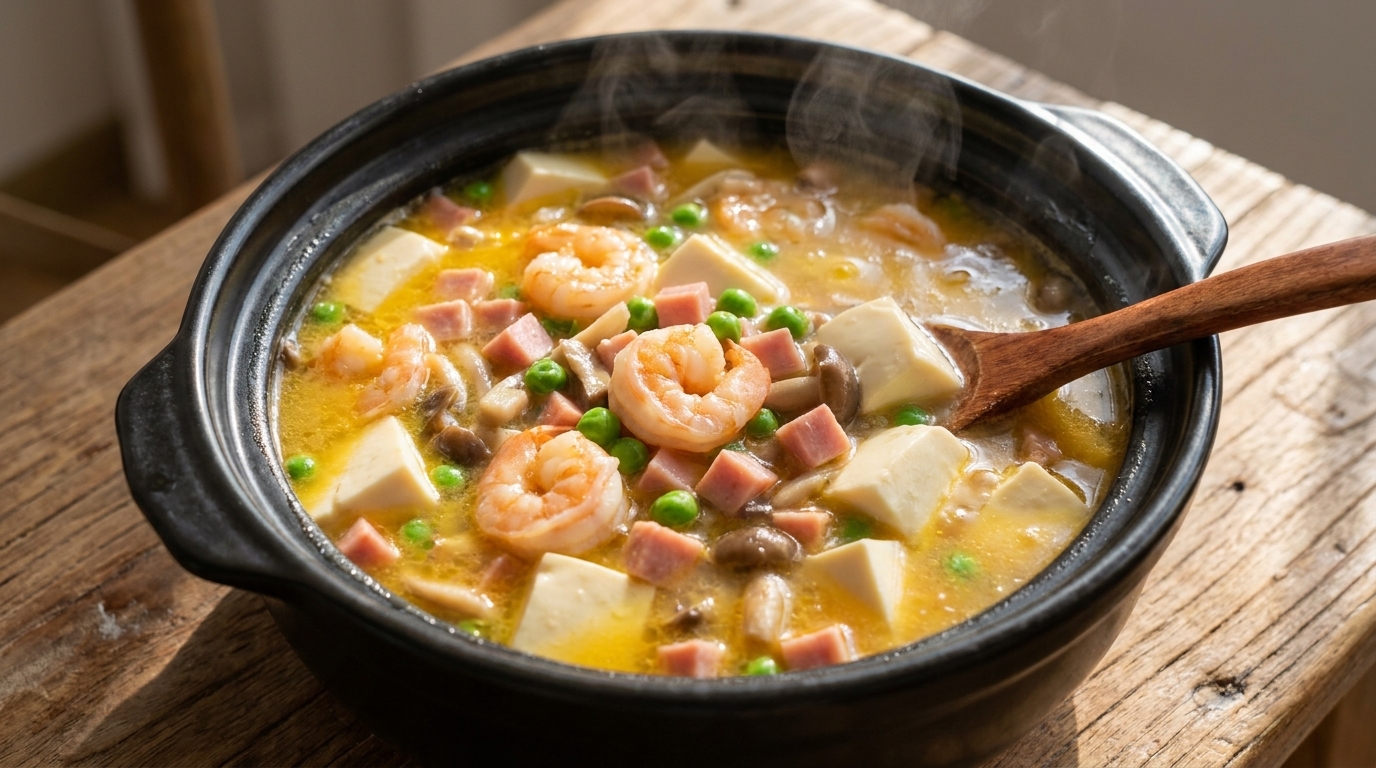 Sopa de Tofu Sanxian (Caldo de Marisco y Yema de Huevo Salada)