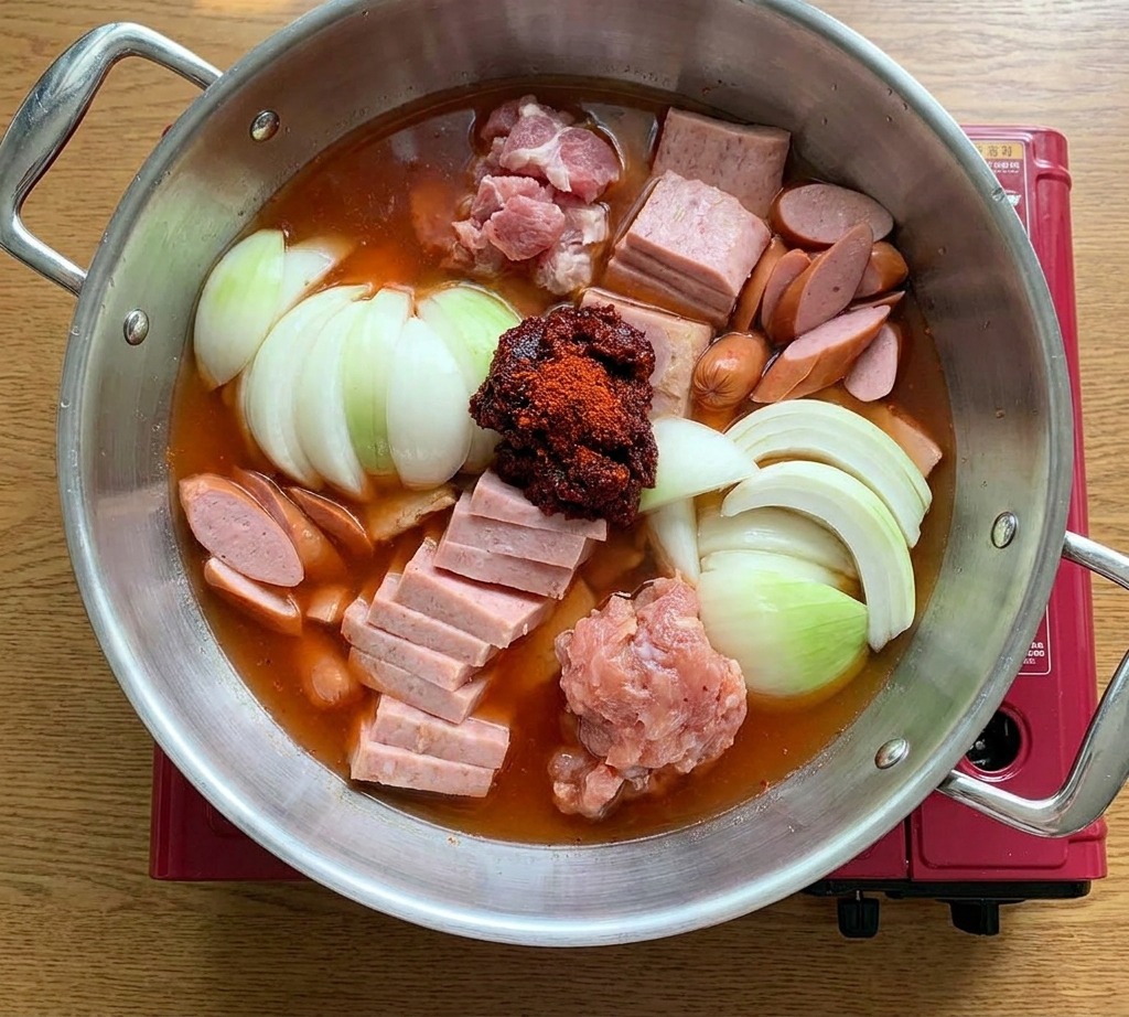 Una olla grande con spam, salchichas y carne picada, coronada con una pasta roja picante y sumergida en caldo claro.