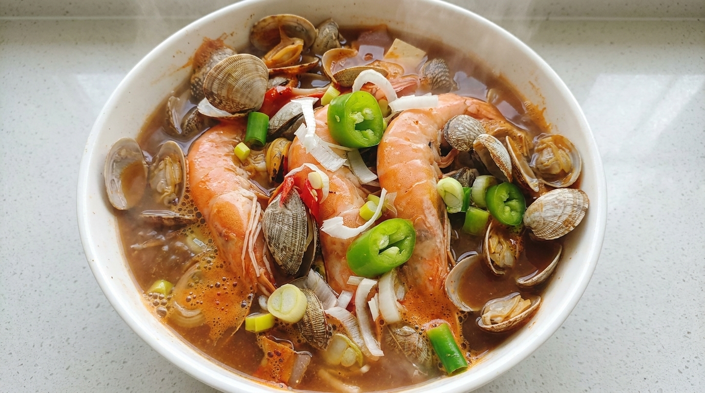 Un tazón humeante de Haemul Doenjang Jjigae con langostinos enteros, almejas tiernas y aromáticos frescos en un caldo sabroso.