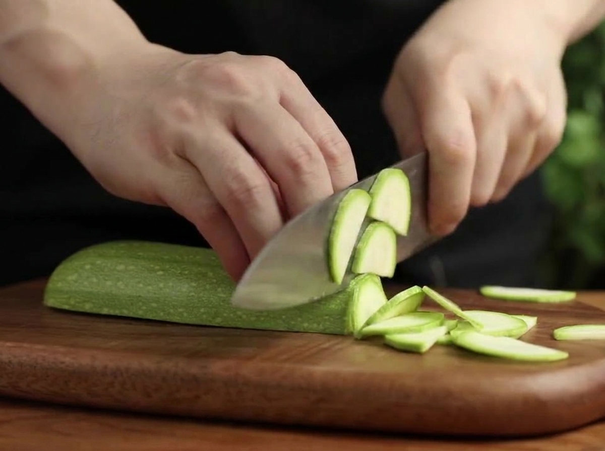 Manos cortando un calabacín verde en medias lunas sobre una tabla de madera.