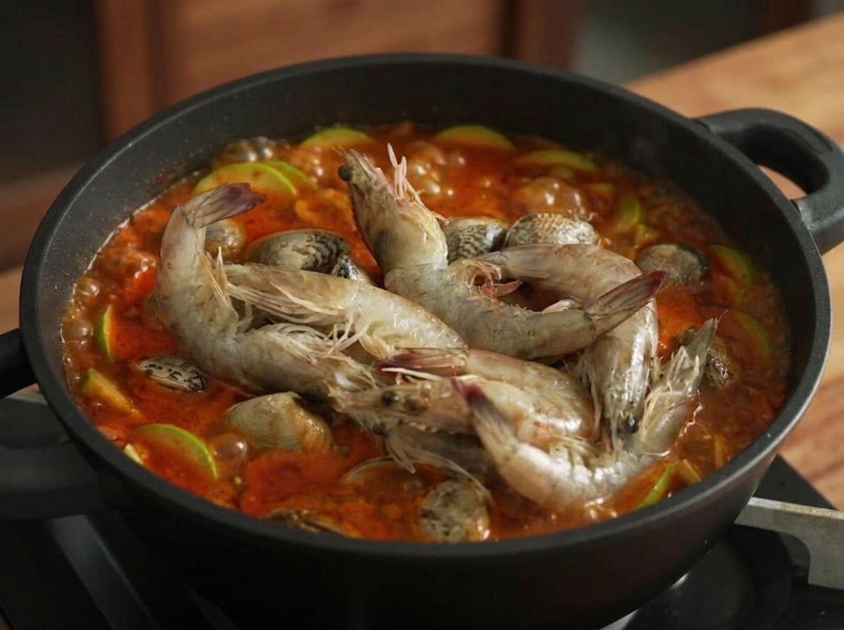Camarones crudos grises siendo añadidos a una olla de estofado con calabacín y almejas.