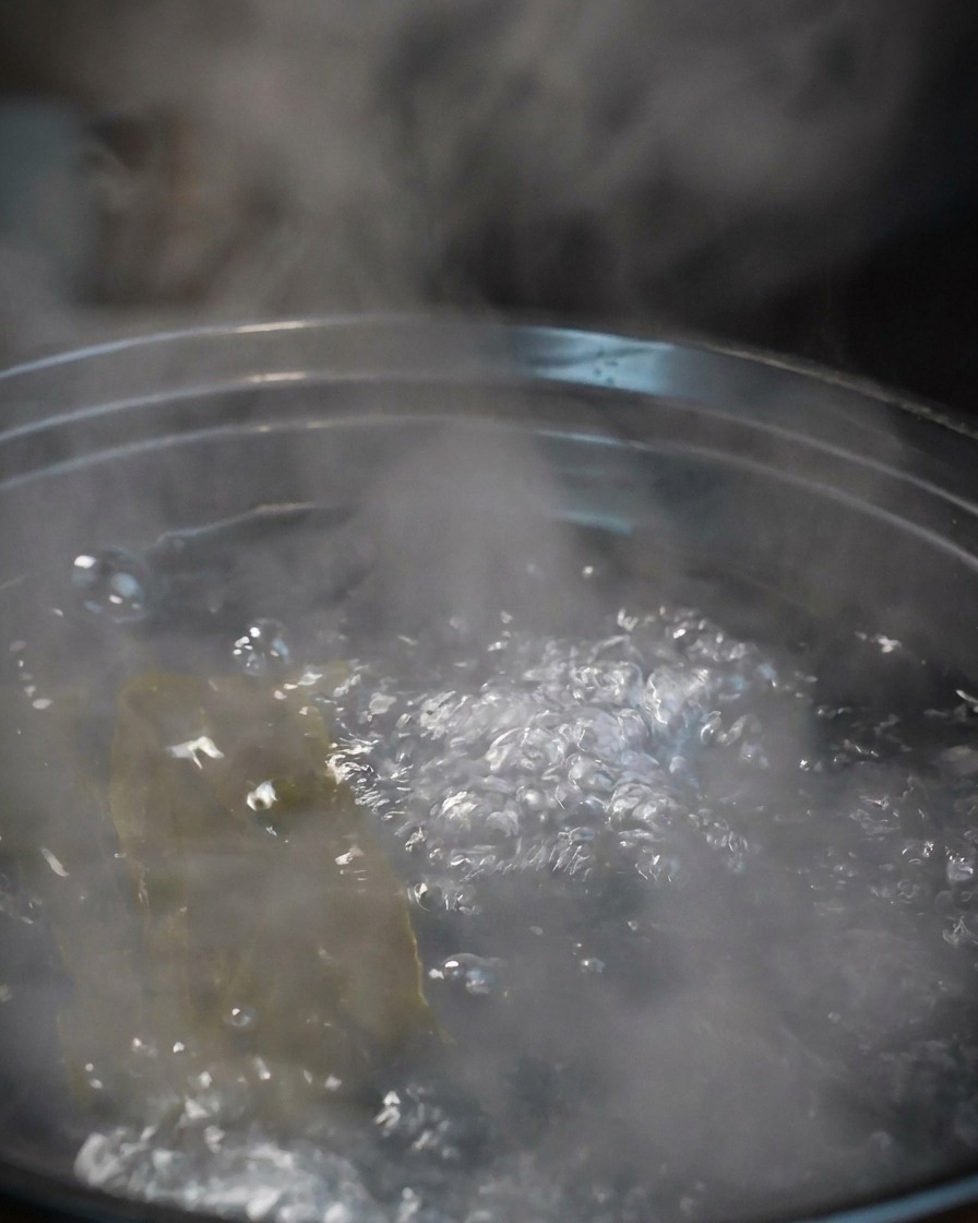 Varios camarones grandes y crudos de color gris siendo añadidos a una olla de agua hirviendo con kelp.