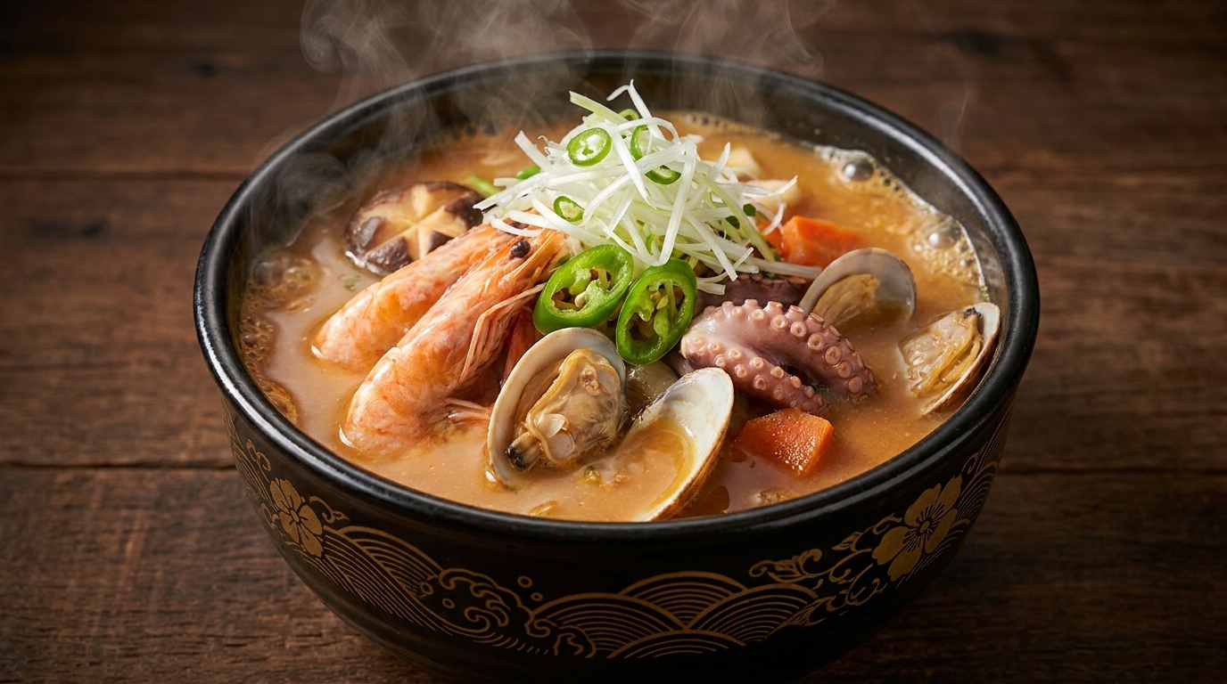Sopa Coreana de Mariscos con Pasta de Soja (Haemul Doenjang Jjigae)