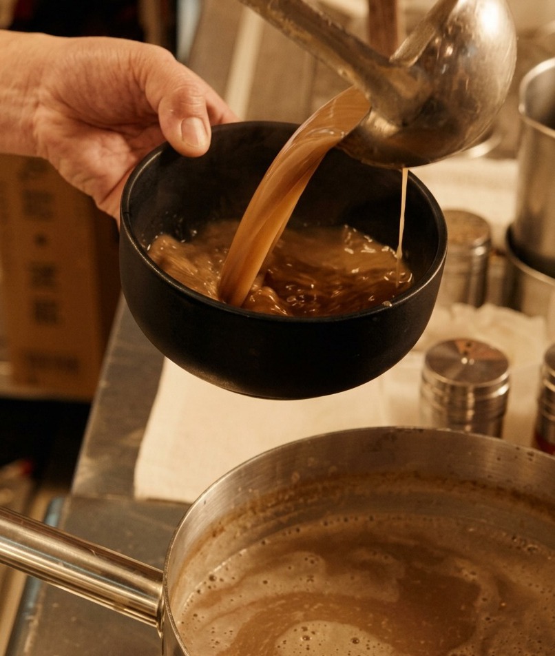 Caldo de ramen rico y oscuro sirviéndose con un cazo de acero inoxidable en un cuenco de cerámica negra mate.