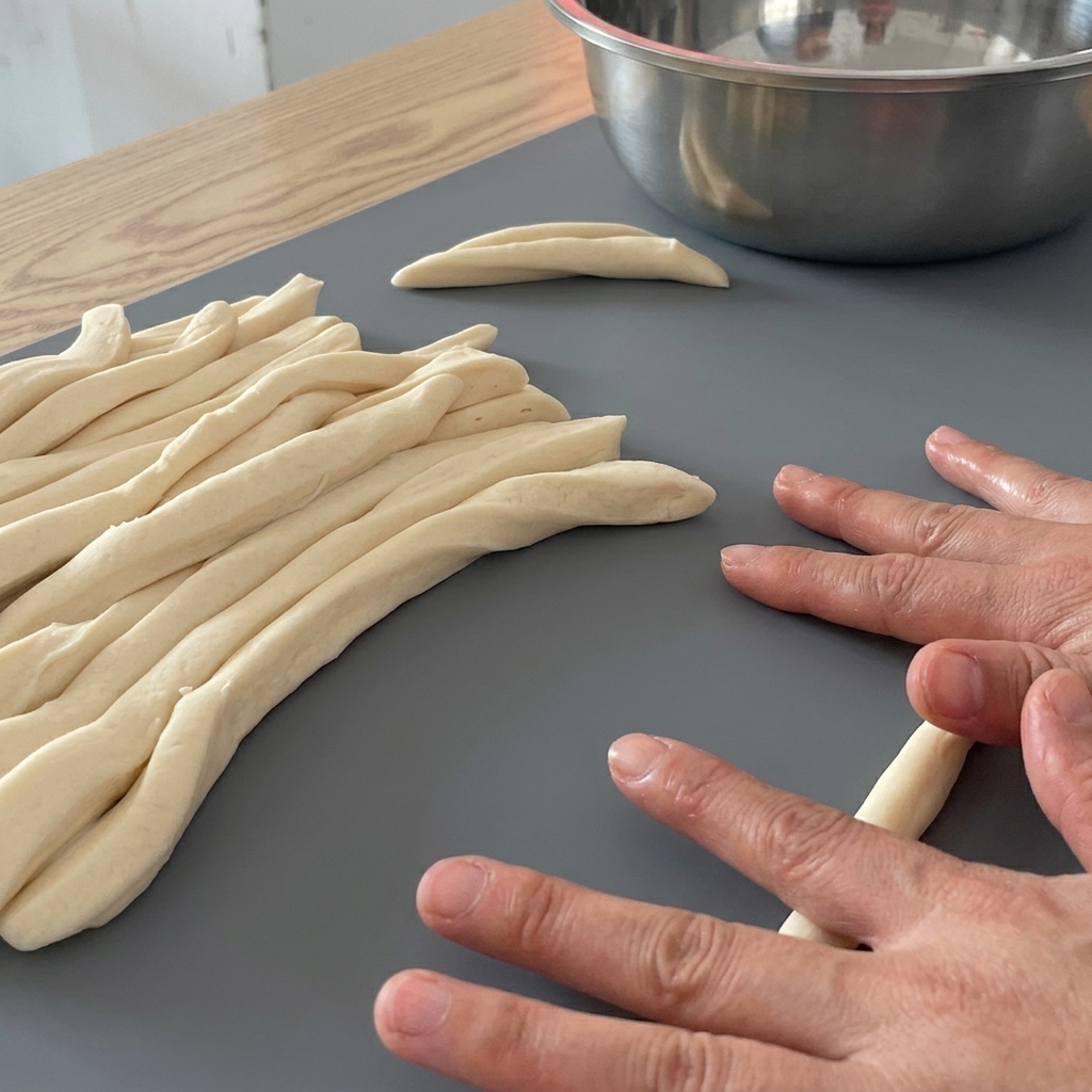 Manos rodando una tira gruesa de masa para convertirla en un fideo largo sobre un tapete.