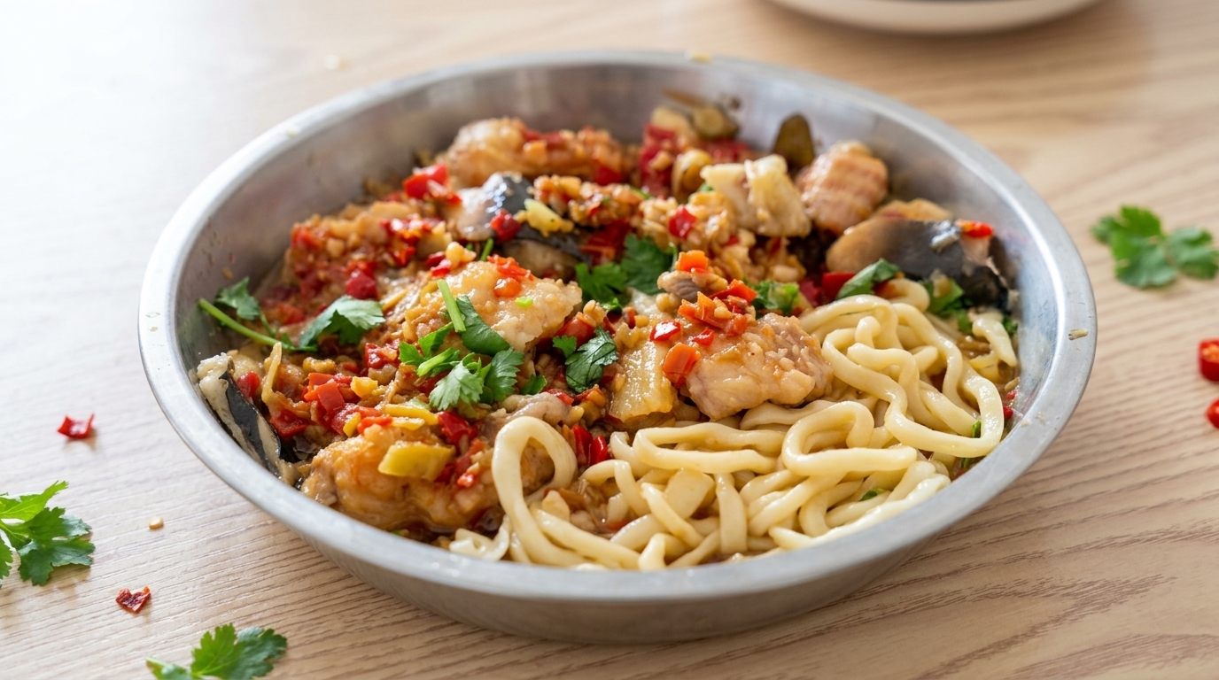 Pescado al Vapor estilo Yuncheng con Fideos Estirados a Mano