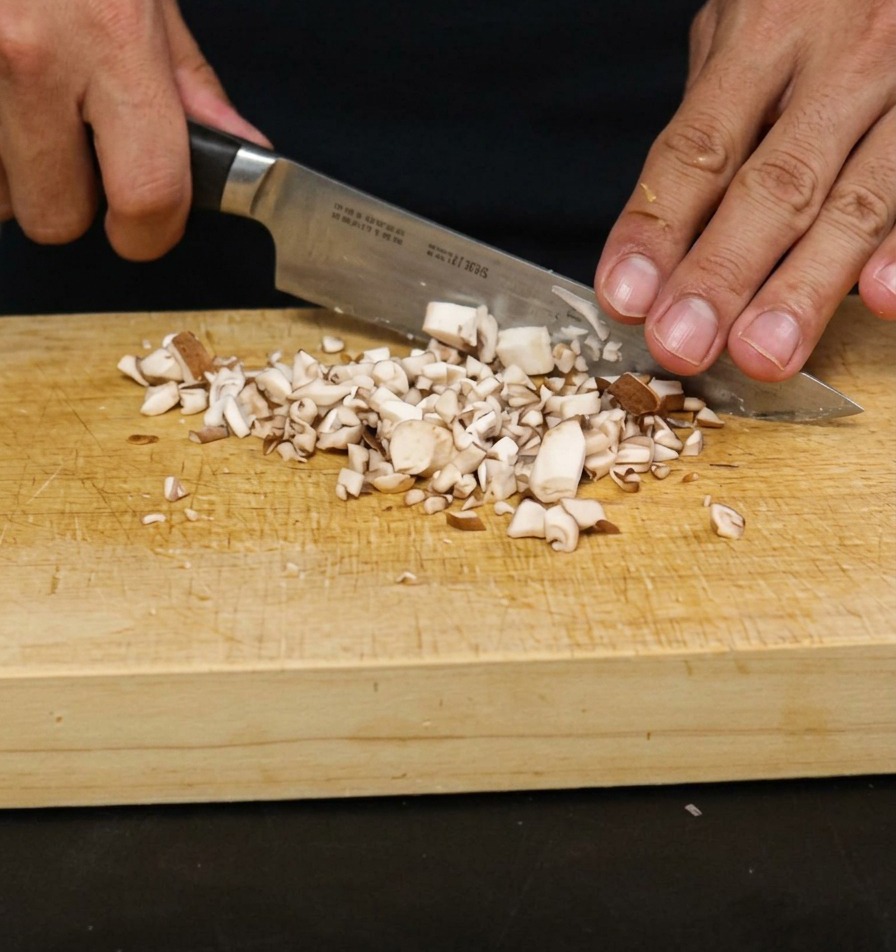 Primer plano de un hongo shiitake siendo cortado en trozos pequeños sobre una superficie de madera.
