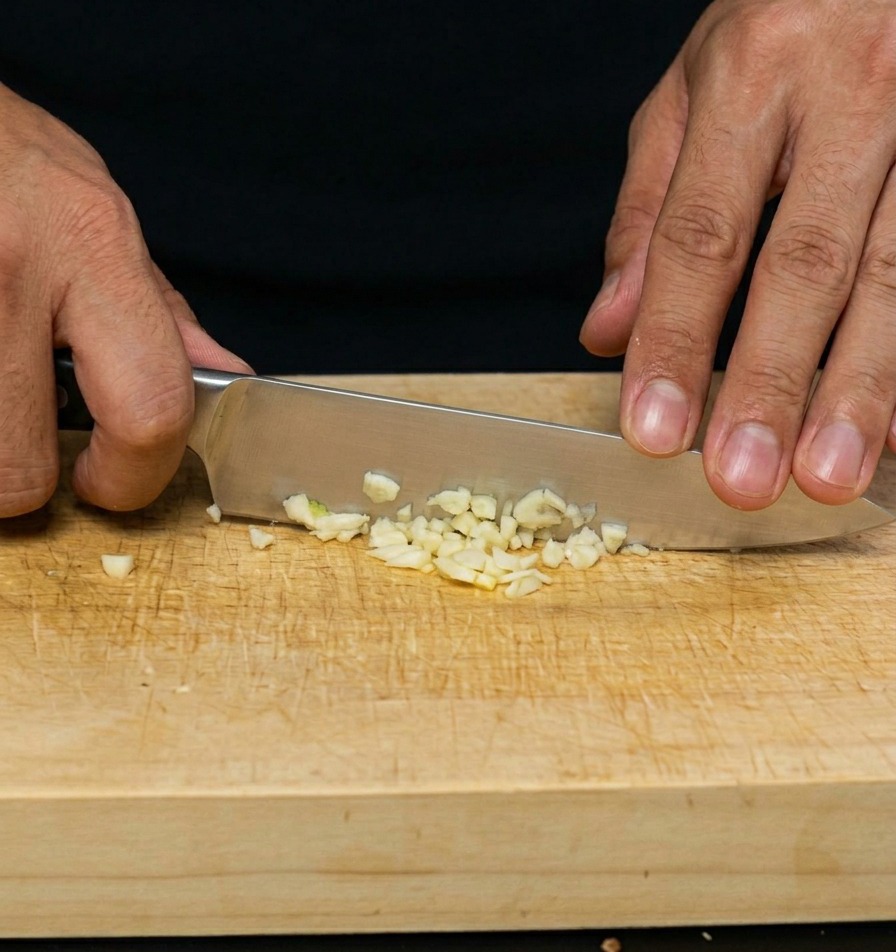 Un chef usando un cuchillo de cocina para picar un diente de ajo en trozos diminutos sobre una tabla de madera.