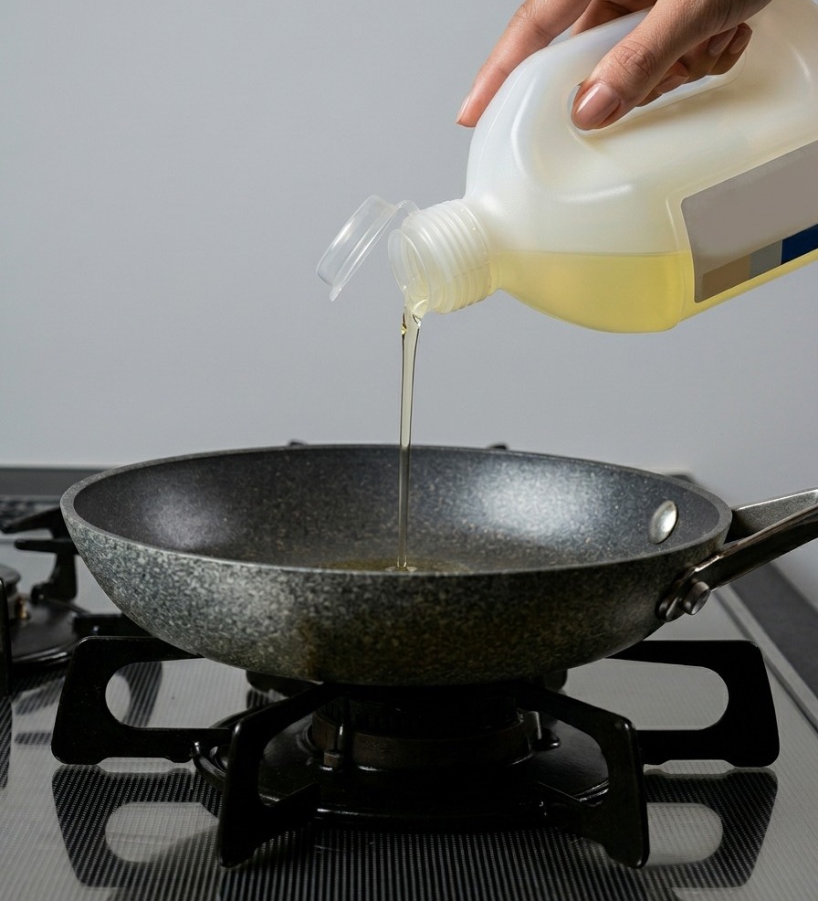 Aceite vegetal vertiéndose desde una jarra de plástico en una sartén moteada sobre una estufa de gas.