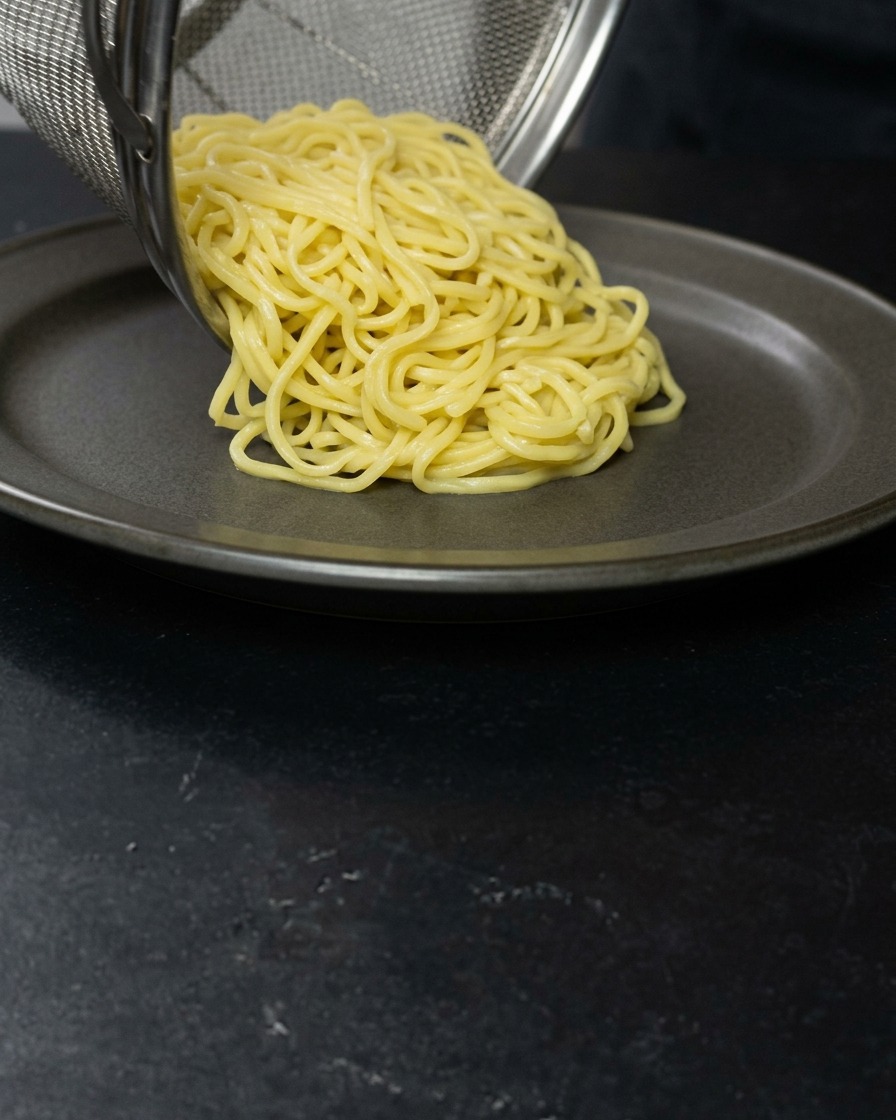 Fideos ramen amarillos cocidos cayendo desde un colador metálico a un plato de cerámica gris oscuro.