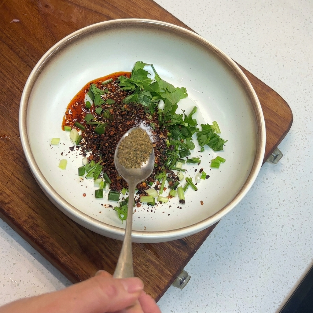 Una cuchara de plata con polvo de pimienta de Sichuan sobre el cuenco de especias.