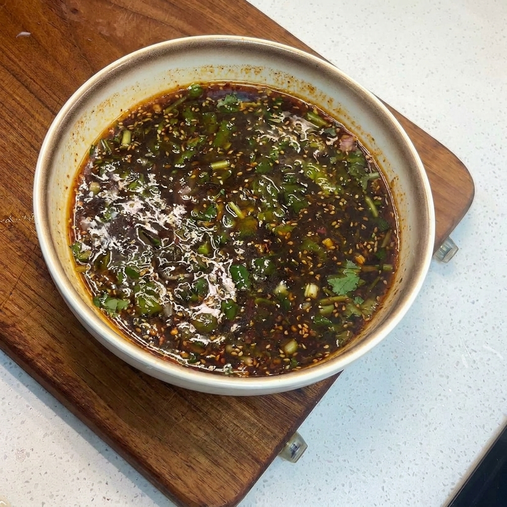 Una cuchara removiendo un caldo aceitoso rojo con cilantro y cebolletas en un cuenco.