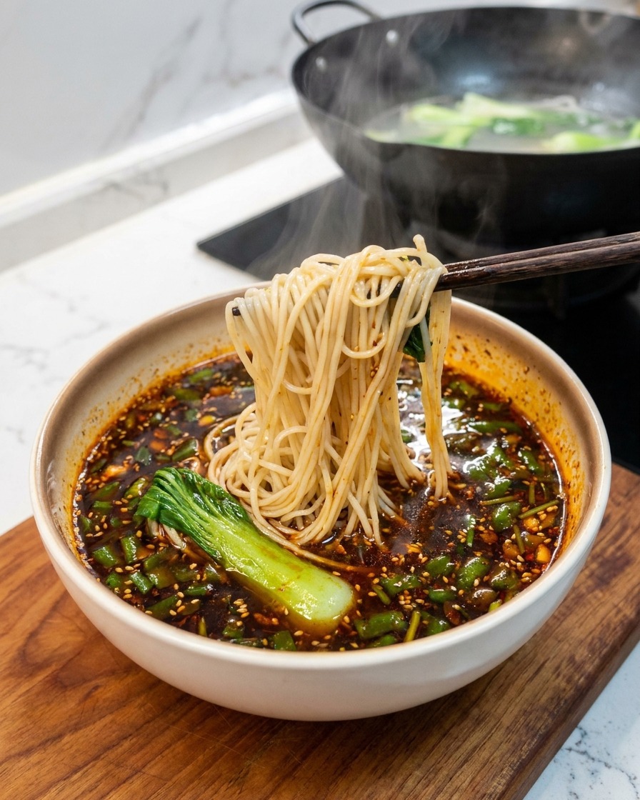 Palillos levantando fideos y bok choy hacia el cuenco de salsa roja picante.