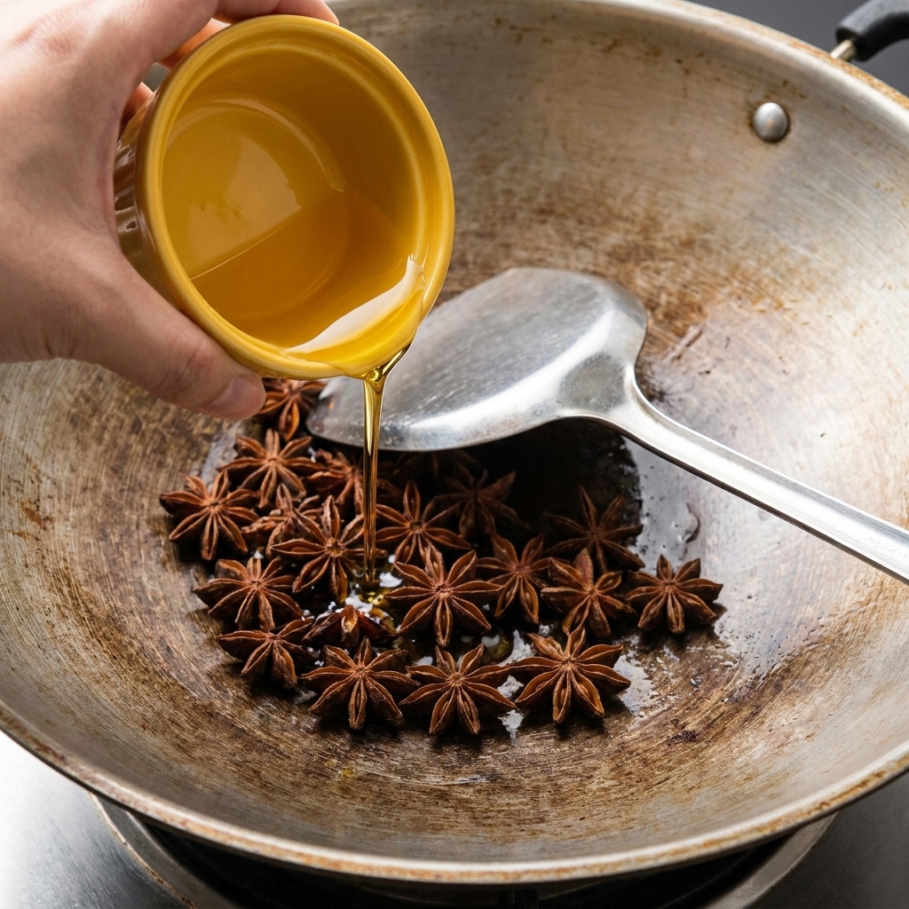 Anís estrellado entero en un wok siendo rociado con una pequeña cantidad de aceite desde un recipiente amarillo.