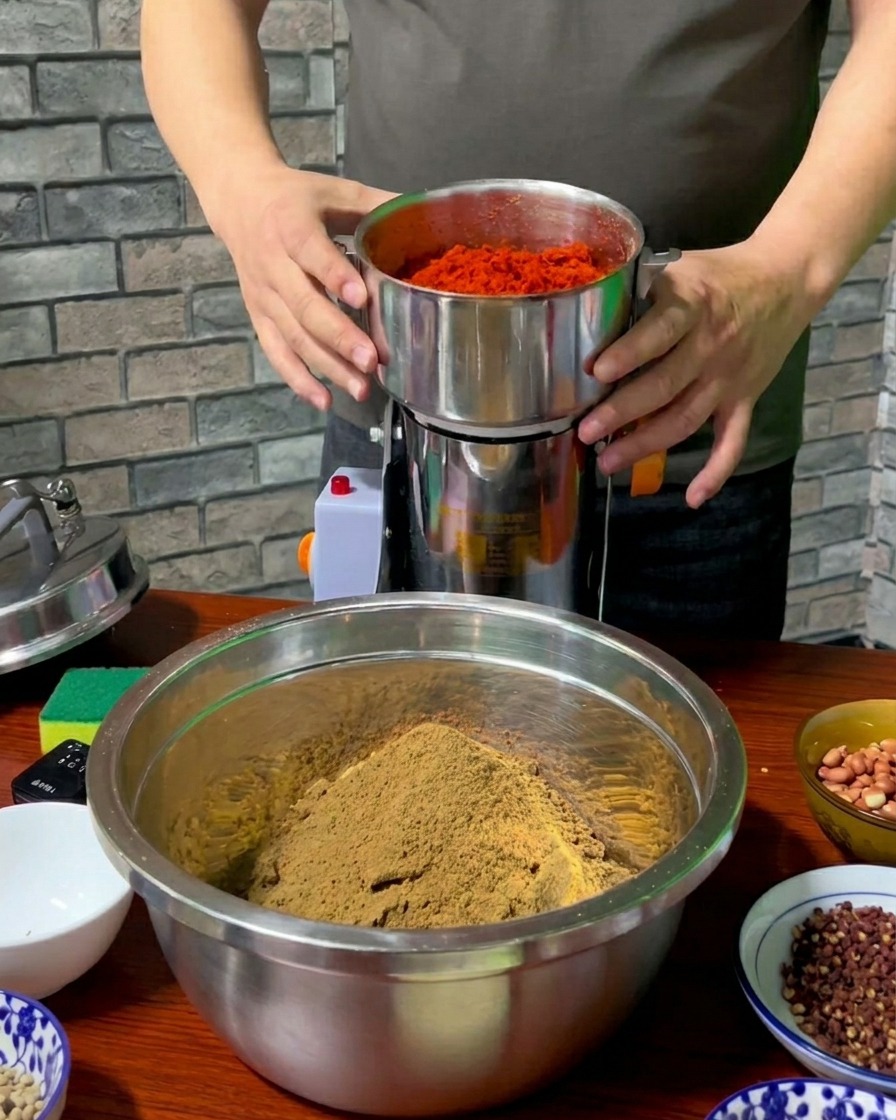 Una persona sosteniendo la parte superior de un molinillo sobre un cuenco grande lleno de polvo de especias color canela.