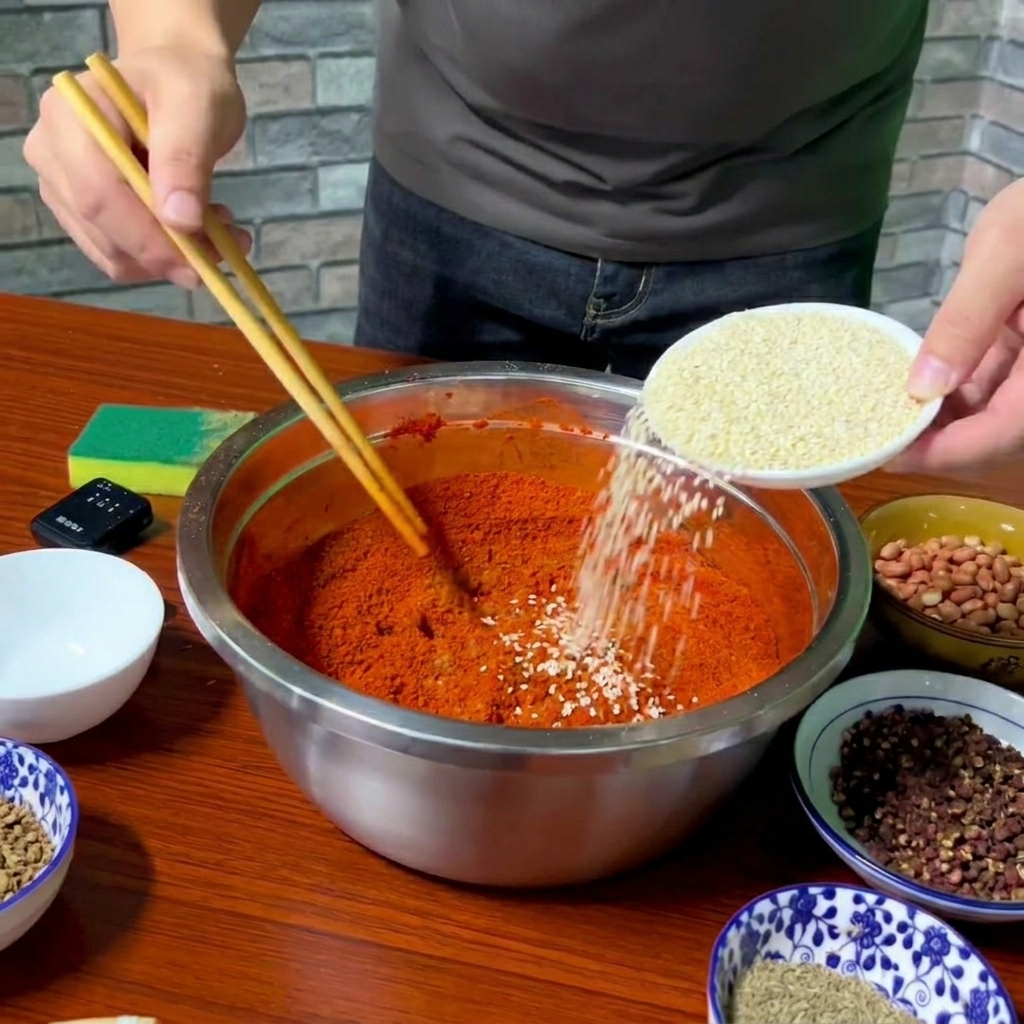 Semillas de sésamo blanco vertiéndose desde un plato blanco en un cuenco grande lleno de polvo de chile rojo.