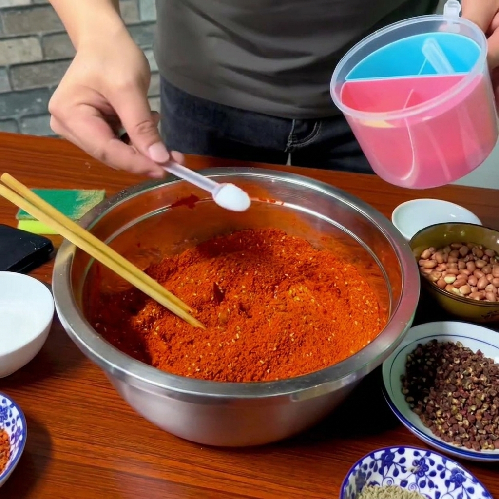 Una pequeña cuchara blanca añadiendo sal a un cuenco de polvo de chile rojo, con un recipiente de condimentos rosa cerca.