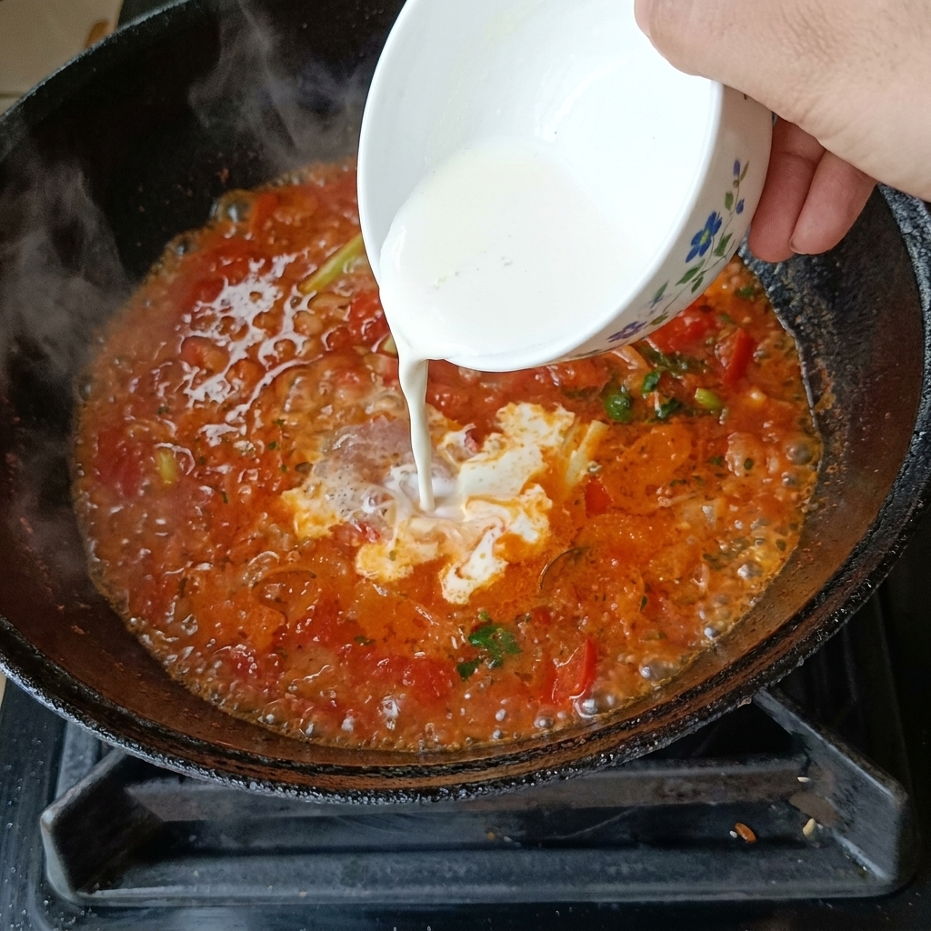 Una mano vertiendo huevo batido desde un bol pequeño en un wok con sopa de tomate hirviendo, formando hilos brillantes.