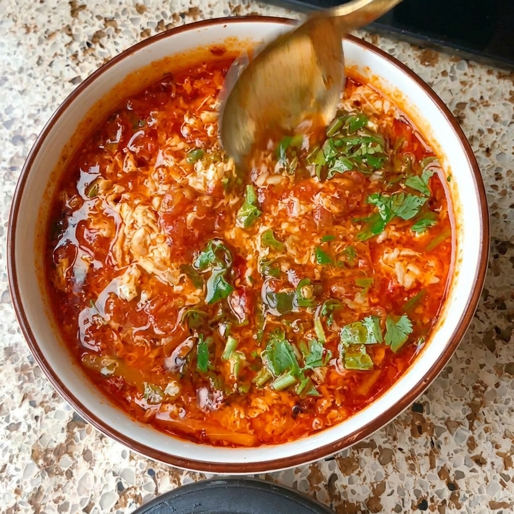 Una cuchara dorada removiendo cilantro fresco en un bol vibrante de sopa de tomate y huevo.