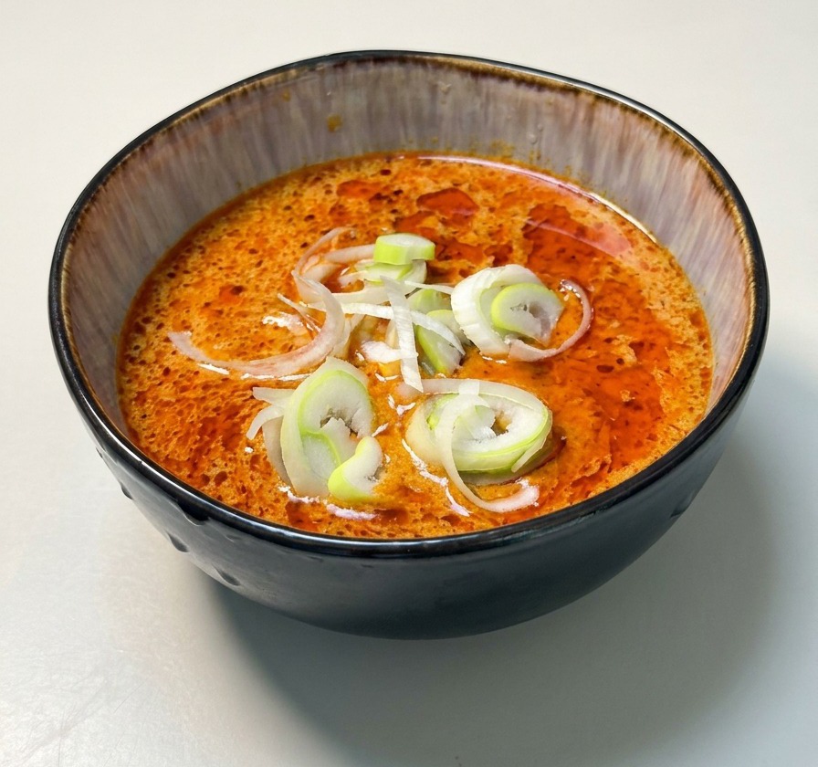 Un bol negro lleno de salsa espesa de curry naranja decorado con cebolletas verdes y blancas en rodajas.