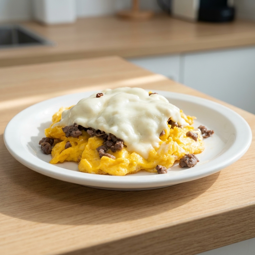 Una pieza de huevo y carne cocinada en un plato blanco cubierta con una capa gruesa de queso blanco fundido.