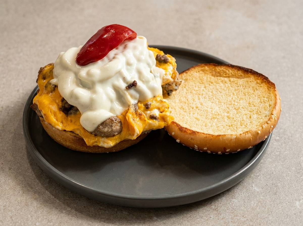 Un pan de hamburguesa abierto en un plato gris con un bloque de carne con queso y huevo coronado con un condimento rojo.