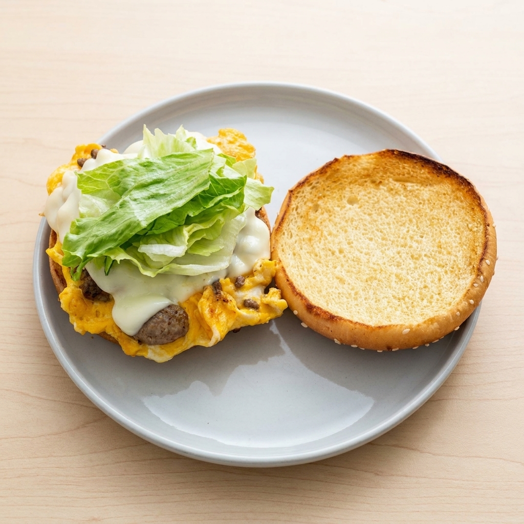 Hojas de lechuga verde fresca siendo colocadas sobre una hamburguesa de ternera con queso en un pan tostado.