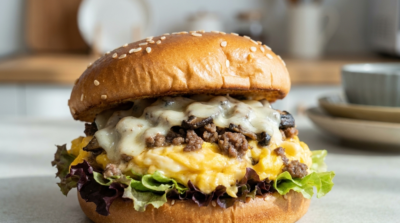 Una hamburguesa gourmet de ternera y champiñones con queso fundido, huevos revueltos y lechuga fresca en un pan tostado.