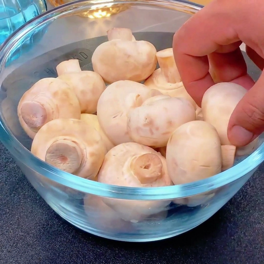 Una mano sosteniendo un champiñón blanco sobre un bol de cristal, mostrando cómo separar el tallo del sombrero.