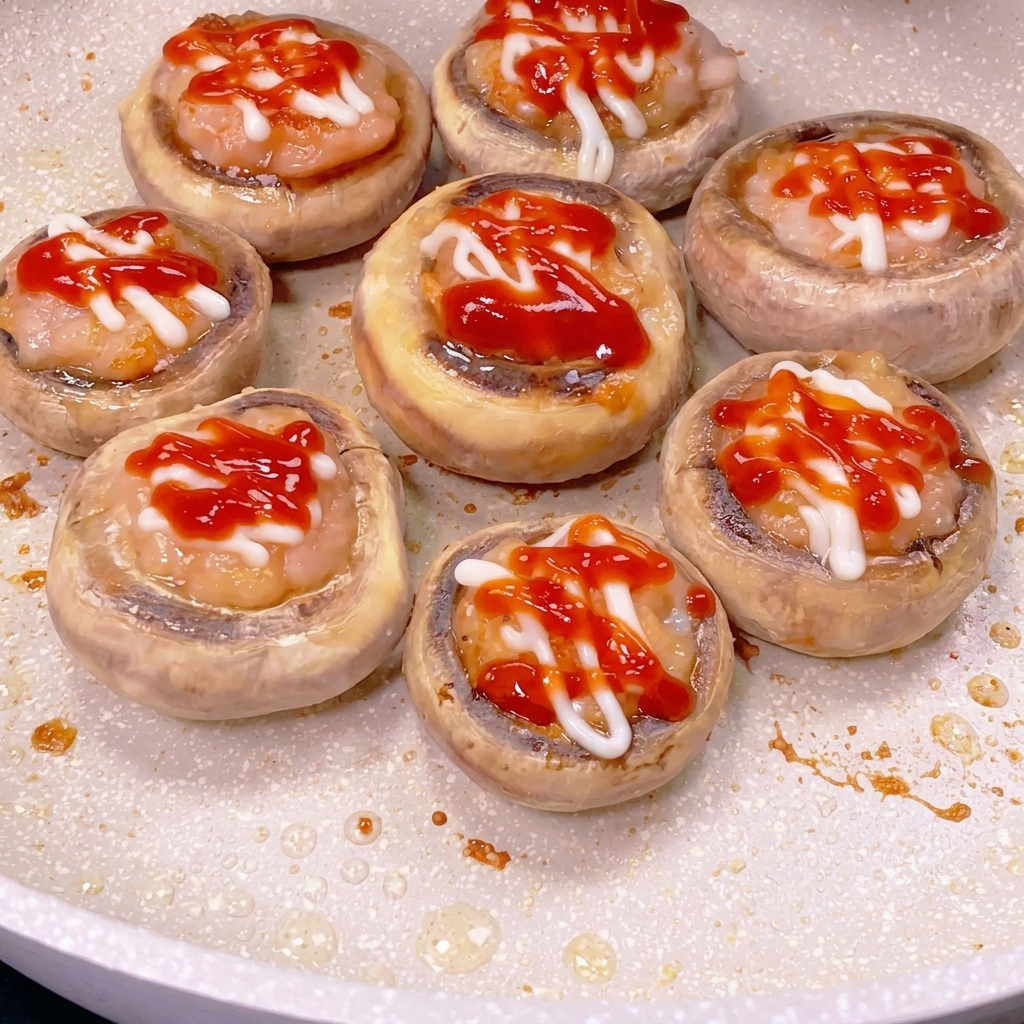 Ocho champiñones cocinados con tortitas doradas de camarón, decorados con líneas finas de mayonesa blanca y ketchup rojo.