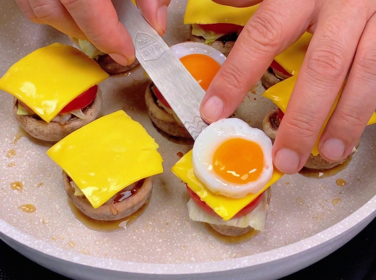 Una espátula colocando un huevo de codorniz frito sobre una rodaja de queso en la base de la hamburguesa de champiñón.